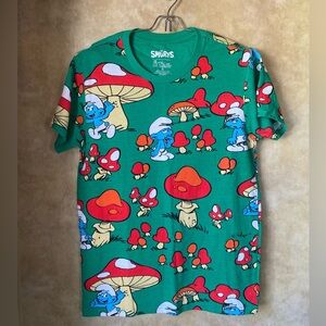 Peyo 2024 Smurfs Graphic All Over Print Green Tee Unisex Small Retro Style